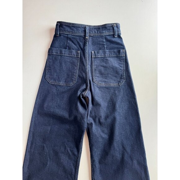 ZARA Dark Indigo Front Pocket High Rise Wide Leg Raw Hem Jeans, Size 2/24 - Picture 8 of 14
